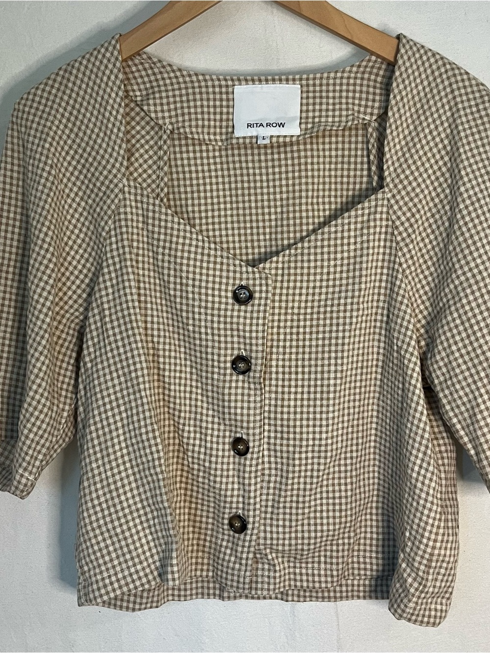 Rita Row Filomena Shirt Gingham Button Up Short Sleeve Shirt Beige White - Sz L